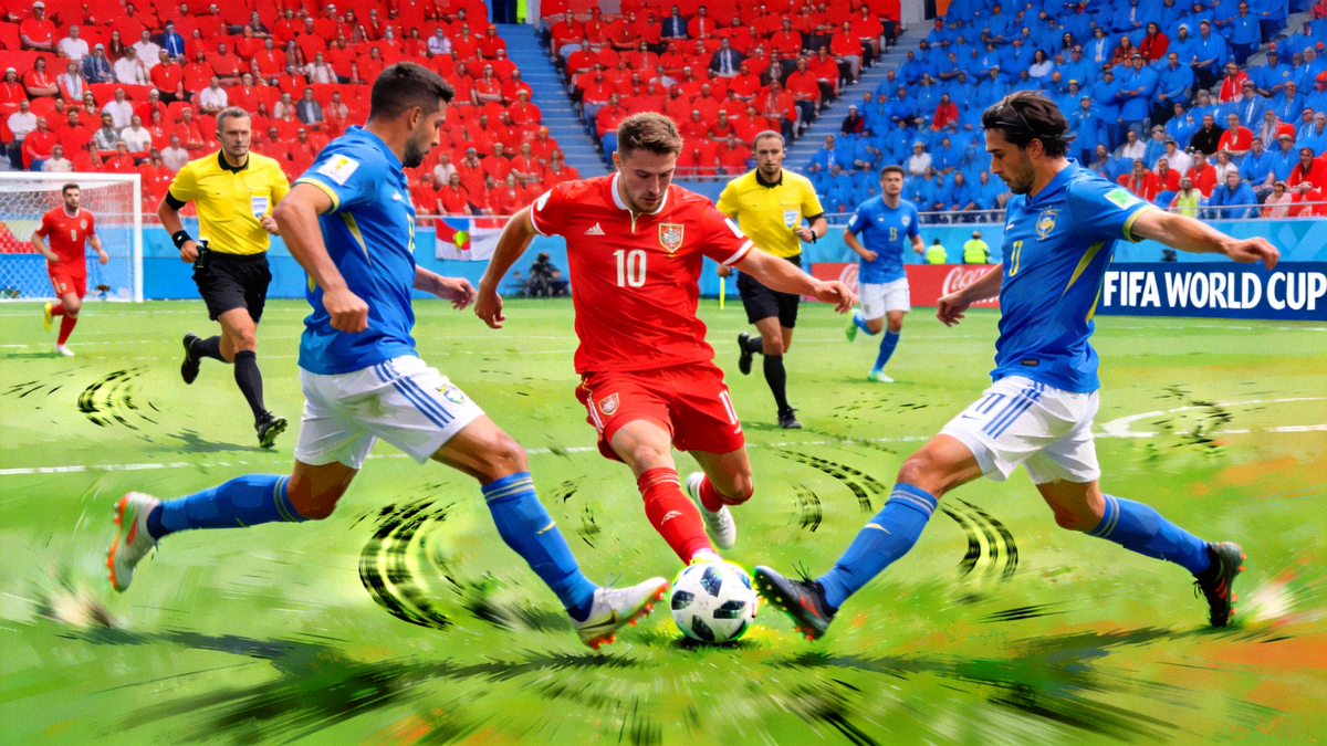 世界杯足球比赛现场直播画面，显示球员正在激烈拼抢